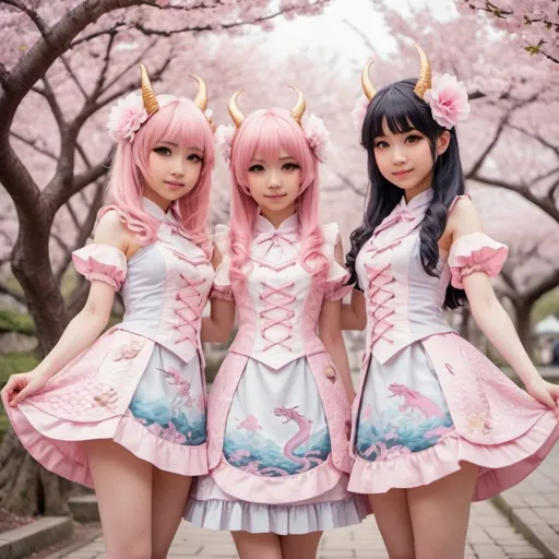 Prompt: Three cute anthropomorphic scaly dragon girls in hime Lolita fashion outfits, cherry blossom park, high quality, detailed, anime, pastel tones, kawaii, hime Lolita, scaly skin, flowy dresses, intricate scales, cherry blossom trees, vibrant pink petals, serene atmosphere, delicate details, professional, soft lighting