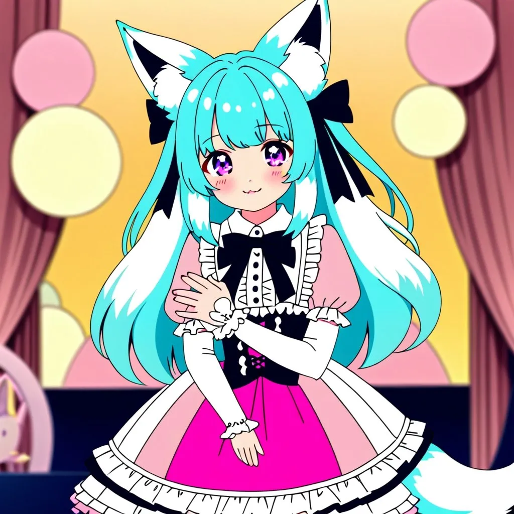 Prompt: Cute kitsune girl in sweet Lolita outfit, offering a hug at a cosplay convention, detailed fox ears and tail, pastel color palette, high-quality, anime, sweet Lolita, kitsune, cosplay, detailed outfit, adorable expression, convention atmosphere, pastel colors, detailed background, warm and inviting lighting