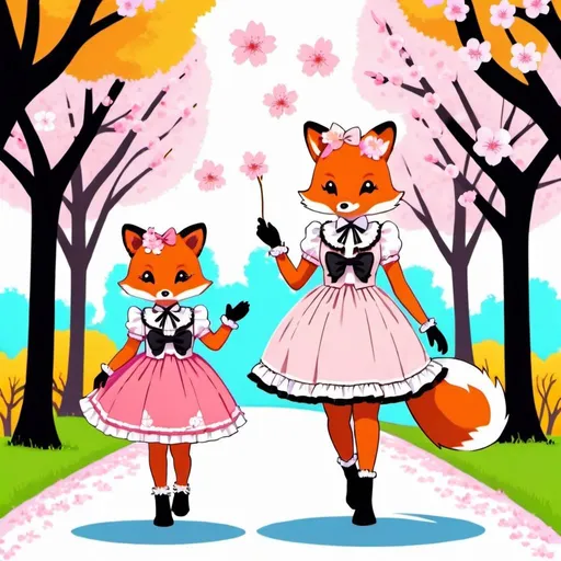 Prompt: A family of furry foxes, a mom and a daughter, dressed in cute sweet Lolita dresses, go for a walk together in the park with cherry blossoms 