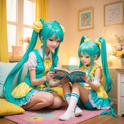 Prompt: Miku Hatsune reading a story to a six-year-old girl, cyan and yellow decora coord, cozy and lovely room, sisterly bond, high quality, anime, colorful, warm lighting