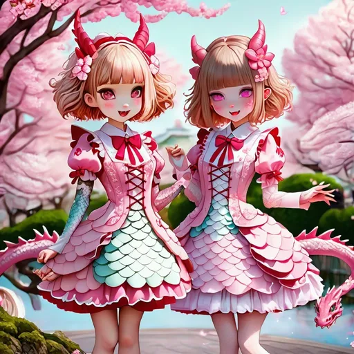 Prompt: Three cute anthropomorphic scaly dragon girls in hime Lolita fashion outfits, cherry blossom park, high quality, detailed, anime, pastel tones, kawaii, hime Lolita, scaly skin, flowy dresses, intricate scales, cherry blossom trees, vibrant pink petals, serene atmosphere, delicate details, professional, soft lighting