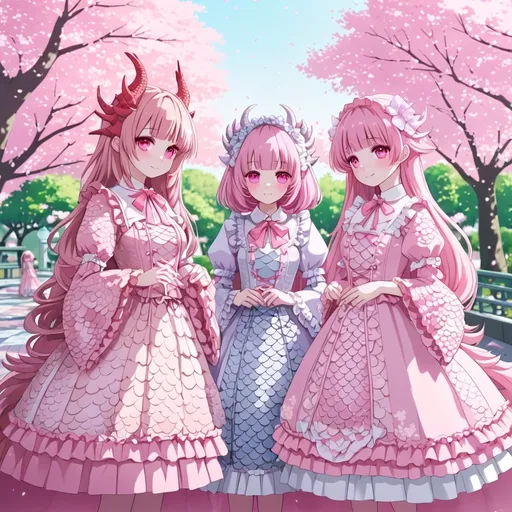 Prompt: Three cute anthropomorphic scaly dragon girls in hime Lolita fashion outfits, cherry blossom park, high quality, detailed, anime, pastel tones, kawaii, hime Lolita, scaly skin, flowy dresses, intricate scales, cherry blossom trees, vibrant pink petals, serene atmosphere, delicate details, professional, soft lighting