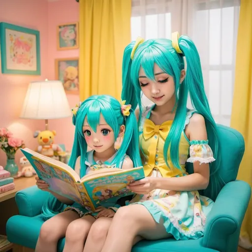 Prompt: Miku Hatsune reading a story to a six-year-old girl, cyan and yellow decora coord, cozy and lovely room, sisterly bond, high quality, anime, colorful, warm lighting
