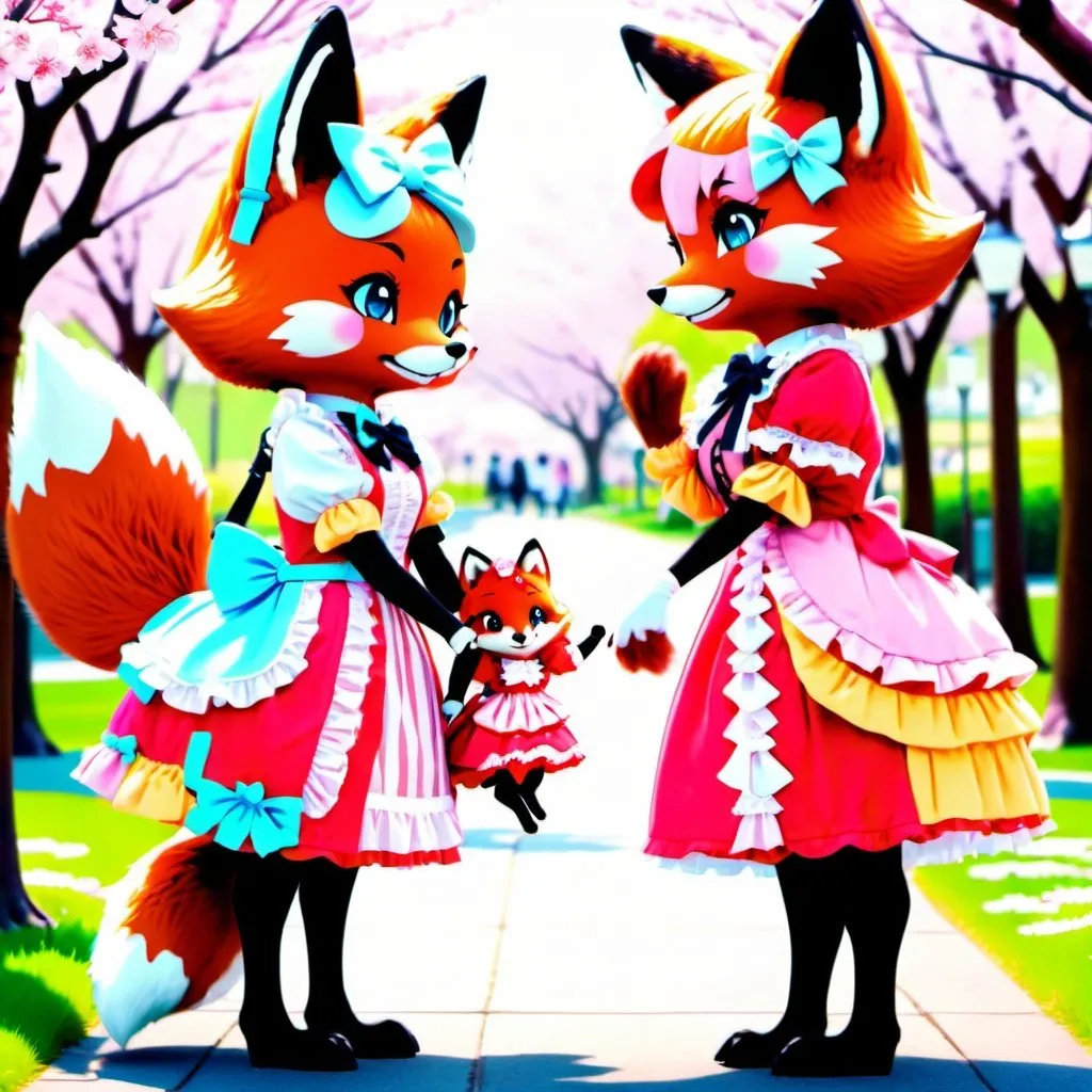 Prompt: Family of furry foxes in sweet Lolita dresses, cherry blossom park walk, 4k ultra-detailed, anime, cute, pastel tones, kawaii, detailed fur, mother-daughter bond, adorable, professional, whimsical lighting