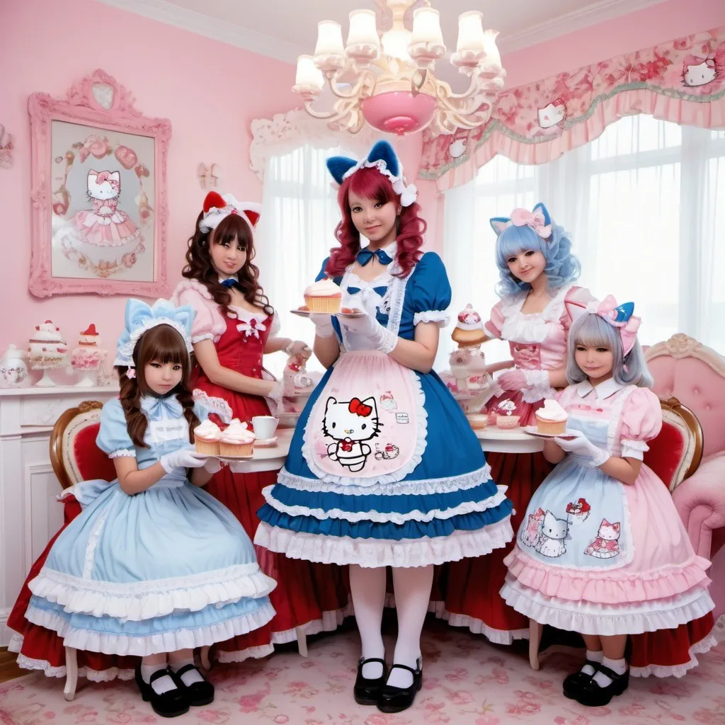 Prompt: Fluffy Hello Kitty dressed in sweet Lolita coord serves cupcakes and tea together with a cute furry red foxy maid girl, to a family of blue furry fox girls - a 34 year old fox mom, and a six year old fox daughter, dressed in sweet Lolita coords. Delightful atmosphere, intricate frills and lace, lovely ribbons, mother daughter bond.