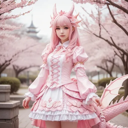 Prompt: Anthropomorphic scalie dragon adult lady, glittering white scales, Lolita coord, anthropomorphic scalie 5-year-old dragon girl, pink scales, pink hime lolita coord, beautiful park, cherry blossoms, high quality, detailed, anime, fantasy, pastel colors, elegant lighting