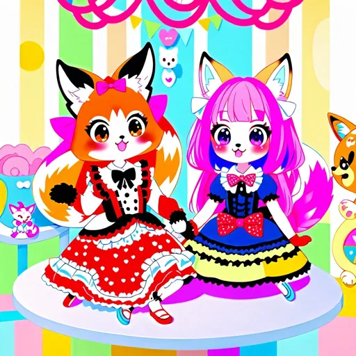 Prompt: Kawaii nursery scene with a 5-year-old furry fennec fox girl and a 16-year-old furry red fox girl, sweet Lolita coord, classic Lolita coord, playful atmosphere, high quality, kawaii, furry characters, adorable expressions, colorful pastel palette, detailed fur textures, cute accessories, soft and warm lighting