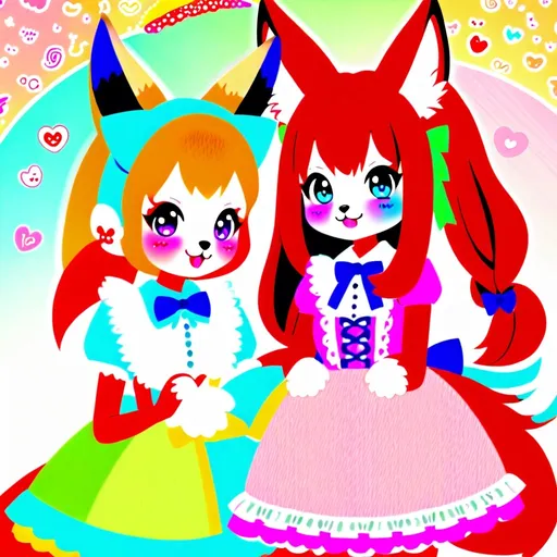 Prompt: Kawaii nursery scene with a 5-year-old furry fennec fox girl and a 16-year-old furry red fox girl, sweet Lolita coord, classic Lolita coord, playful atmosphere, high quality, kawaii, furry characters, adorable expressions, colorful pastel palette, detailed fur textures, cute accessories, soft and warm lighting