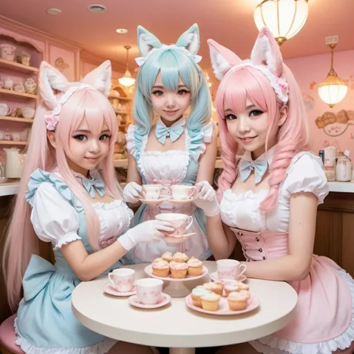 Prompt: A sweet Lolita furry fox girl and her daughter, along with a mommy dragon scalie and her hatchling scalie daughter, enjoy a cozy maid cafe. A kemonomimi neko maid serves tea and muffins in a pastel color palette, with warm and inviting lighting. The scene is detailed with intricate fur and frills, ensuring the best quality. The atmosphere is ultra-detailed, cute, and captures the essence of a maid cafe, complete with Lolita fashion, fox girls, neko maid, and a cozy ambiance with pastel colors and warm lighting, fostering a sense of family bond among all present.