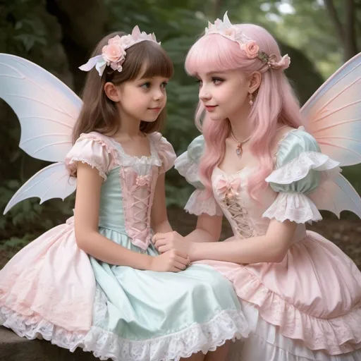 Prompt: Cute and beautiful 30-year-old fairy lady in classic Lolita fashion, kindly talking to a 6-year-old fairy little girl and a 5-year-old anthropomorphic scalie dragon girl in hime Lolita fashion, high quality, detailed lace and frills, pastel colors, fantasy, magical, ethereal lighting, soft and dreamy, fairytale, detailed wings, elegant poses, professional art, whimsical atmosphere