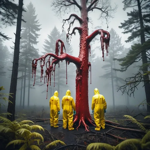 Prompt: A long shot polaroid of three scientists wearing yellow Hazmat suits studying a tree. The forest they are in is dark and foggy, and the sky is overcast. The tree has a alien goo on it. The goo is wet and looks like dark red blood and and guts as it hangs from the branches.