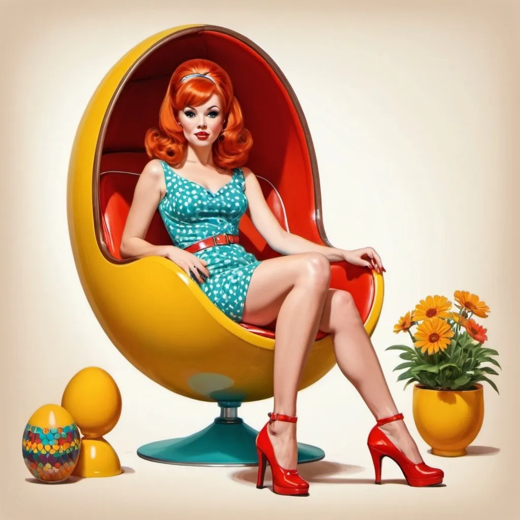 Prompt: 60s retro pinup beautiful, she is wearing a short groovy dress and go go boots.  she has red hair in a beehive hairstyle.  she is sitting in a retro 60's egg chair.  vivid colors. illustration.
