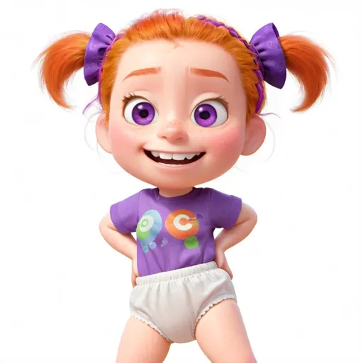 Prompt: 1girl, twintails, purple eyes, solo, smile, shirt, full body, purple shirt, orange hair, mole, (diaper) ((front view)), cartwheel
Maisie does a cartwheel 