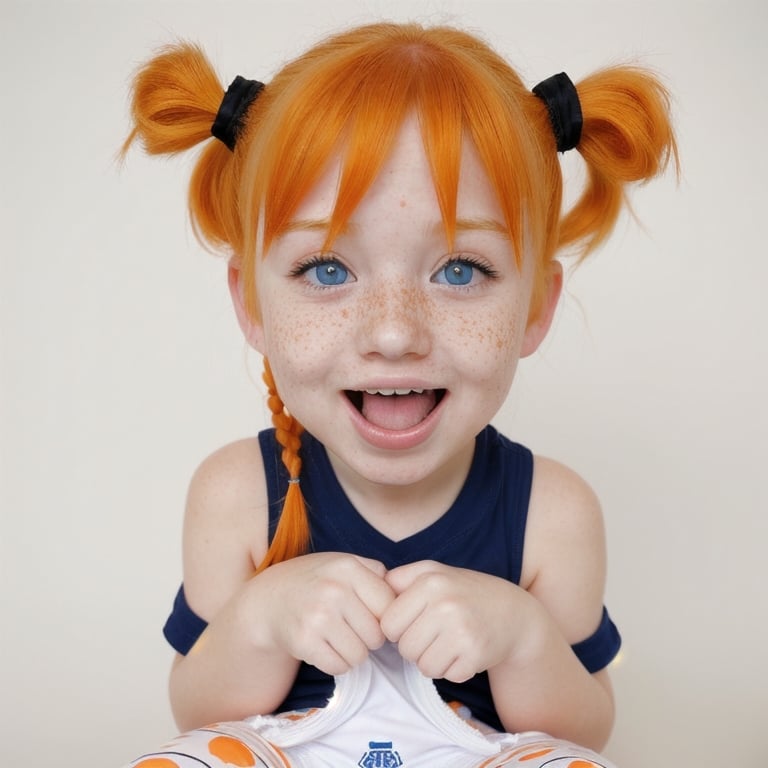 Prompt: 1girl, solo, freckles, orange hair, blue eyes, open mouth, simple background, shirt, smile, twintails  (diaper),