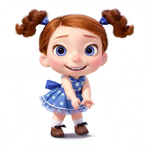 Prompt: 1girl, solo, twintails, brown hair, smile, dress, black eyes, shoes, polka dot, child
(( Lucinda waves hello at viewer))