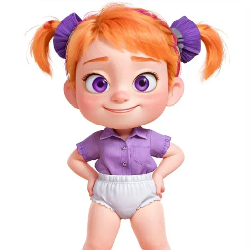 Prompt: 1girl, twintails, purple eyes, solo, smile, shirt, full body, purple shirt, orange hair, mole, (diaper)
Maisie in a standing pose