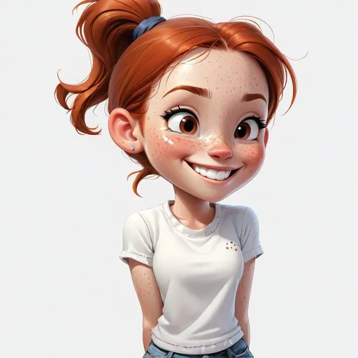 Prompt: 1girl, solo, freckles, short jeans, smile, ponytail, simple background, navel, shirt, white background
