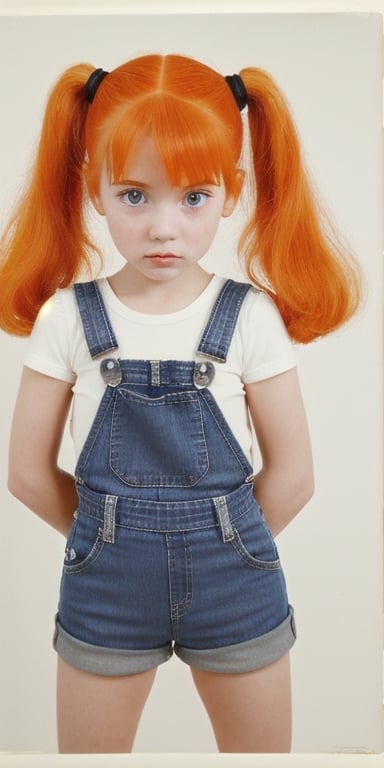 Prompt: little girl with orange hair and polka dots on her shirt and overalls, standing in front of a white background, Anne Said, remodernism, manga, a character portrait
