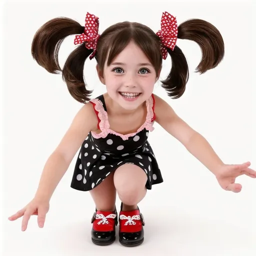 Prompt: 1girl, solo, twintails, brown hair, smile, dress, black eyes, shoes, polka dot, child
Lucinda waves at viewer
