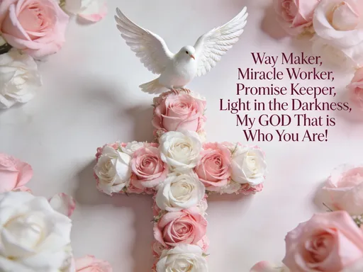 Prompt: A Cross made of pink and white roses, with a white dove flying above, with the following words in elegant font off to the right beside the cross; "Way Maker, Miracle Worker, Promise Keeper, Light in the Darkness, My GOD That is Who You Are !"