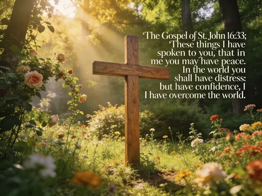 Prompt: A wooden Cross Standing in a very green wooded forest clearing with a natural looking sun shaft cast down upon it, and wild flowers and rose vines and bushes in the background, with the following words in elegant font off to the side; The Gospel of St. John 16:33; These things I have spoken to you, that in me you may have peace. In the world you shall have distress: but have confidence, I have overcome the world.