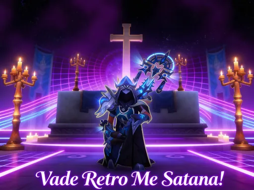 Prompt: Create an animated yet realistic looking image of a world of warcraft discipline priest, set in a synth wave setting, in a candle lit chapel kneeling forward facing with a Cross and altar behind them, using a lot of purple glow like hues. At the bottom of the image add the following phrase in a purple elegant font; Vade Retro Me Satana!"