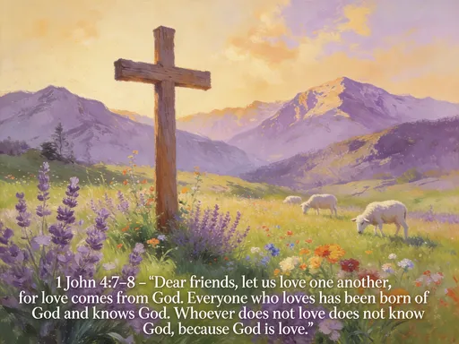 Prompt: Image of a wooden Chrsitian cross, in a beautiful meadow filled with grass, lavender, and wildflowers growing, with serene mountains in the background, while lambs graze, with the following bible verse at the bottom of the image; "1 John 4:7–8 – "Dear friends, let us love one another, for love comes from God.  Everyone who loves has been born of God and knows God. Whoever does not love does not know God, because God is love."