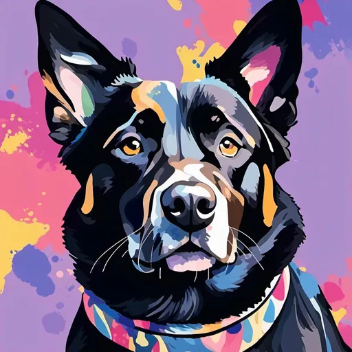 Prompt: happy pet portrait of a black dog shortcoat smoothcoated akita mutt mix, right ear floppy, cute, lifelike, detailed, abstract elements conceptual, trending <mymodel>