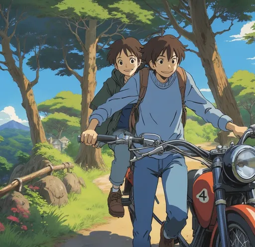 Prompt: 2d studio ghibli anime style, boyon motorcycle, anime scene