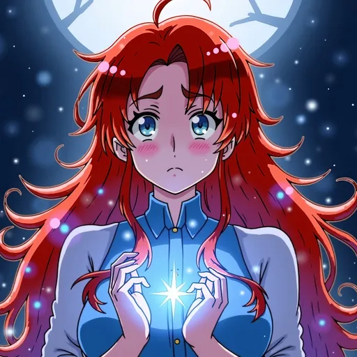 Prompt: This adult anime character with long red hair  is closing her eyes in concentration. Sparkles of blue magic surrounds her. The camera is close to her upper body