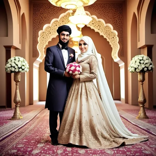 Prompt: Muslim husband and wife wedding photo making