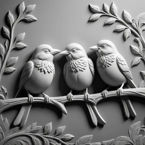 Prompt: three little birds greyscale Bas-relief