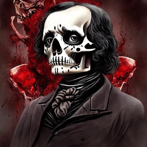 Prompt: Edgar Allan Poe skeleton with bloody heart 