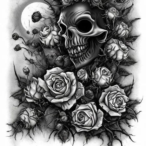 Prompt: Thorny Rose Tim Burton creepy Style black and white with skulls and Luna moths