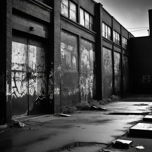 Prompt: Gritty black and white urban landscape, distressed textures, gritty grunge style, high contrast, monochrome, raw and edgy, rough and rugged, street art vibe, urban decay, dark and moody, black and white, highres, detailed, raw textures, urban, monochrome, grunge, high contrast, distressed, street art, edgy, moody lighting
