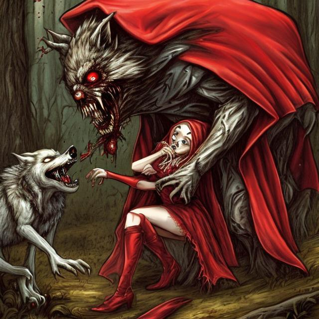 Prompt: Little red riding hood being eaten by big bad Wolf, gory, Horror 