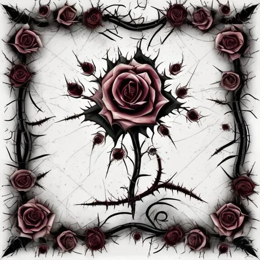 Prompt: Thorns and roses square frame creepy Tim Burton style