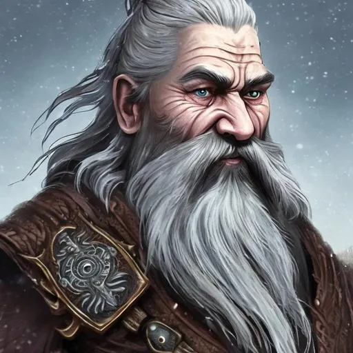 Prompt: Thrain Ironshield is an older dwarf with a wealth of life experience etched into the lines of his weathered face. His hair has long since turned into a snowy white mane, matching the color of his long and impressive beard, which he takes great pride in. His beard is intricately braided and adorned with small, polished gemstones and charms collected over his years of adventuring.

His deep-set blue eyes hold a twinkle of wisdom and determination, and his face is often set in a thoughtful expression, reflecting his years of devout service as an acolyte. 

Thrain's attire consists of a set of well-maintained chain mail, proudly displaying the symbol of his faith, and a sturdy shield bearing the emblem of his deity. He wears simple, practical clothing beneath his armor, and his boots show the signs of countless journeys.