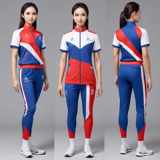 Prompt: You are a fashion designer for world-class athletes.
Please help me create the uniforms I will wear on the opening day of the Olympics. with the following conditions
It is a sports uniform for athletes from Thailand.
The clothes are the right size.
The set has mainly red, white, and blue color tones.
There is a pattern on the sports uniform, a Thai pattern.