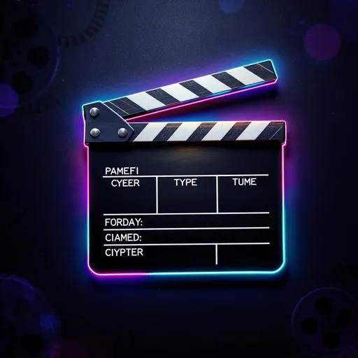 Prompt: Nostaljik ama modern esintili sinema klaketi temalı 4K PC wallpaper tasarla: koyu gri dokulu arka plan, ahşap kenarlı vintage klaket, beyaz net yazılar, hafif altın yansıma efekti, kenarlarda bokeh ışıklar, sinema stüdyosu atmosferi Retro + Neon
Arka plan: Koyu mavi–mor degrade, hafif film rulosu siluetleri
Klaket: Vintage tarz, kenarları neon pembe ve turkuaz konturlu
Modern dokunuş: Hafif parlayan neon çizgiler ve bokeh ışık halkaları
Atmosfer: 80’ler sinema afişi hissi, ama minimal tutulmuş 
mor renk kullanılmasın  daha dark modda gibi düşün