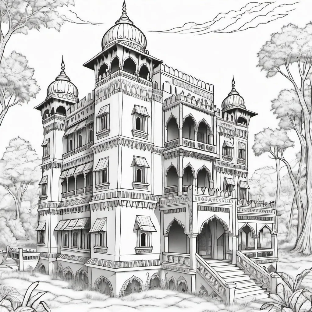 Prompt: Colouring page of Beautiul Indian Castel