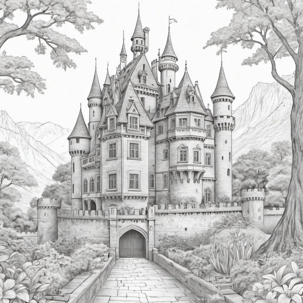 Prompt: Colouring Page of  Beautiful castel 