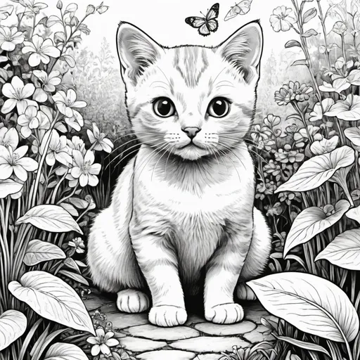 Prompt: Colouring page of small ,beautiful cat playing in garden