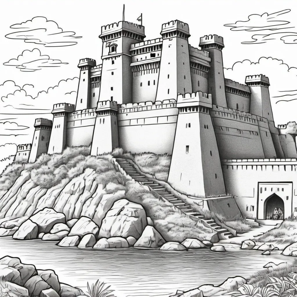 Prompt: Colouring Page of indian fort