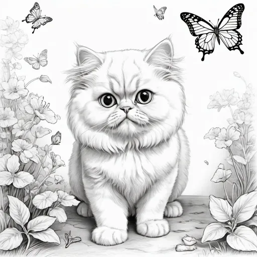 Prompt: Colouring page of small ,beautiful persian cat playing with butterfly 