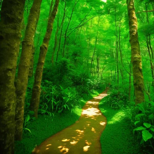 Prompt: a walking path winding through lush, tall green forest