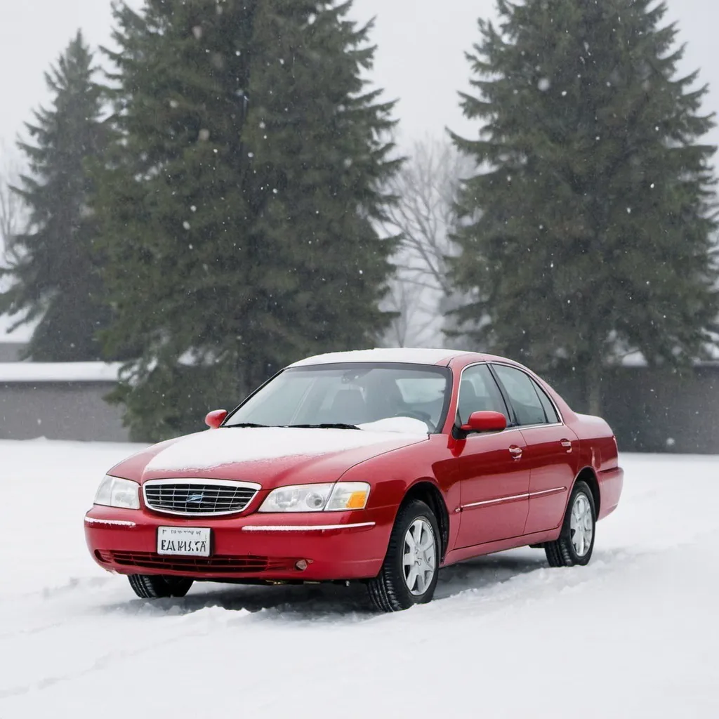 Prompt: Side view red 2000s sedan at the front with snow