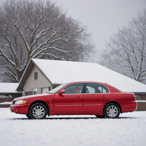 Prompt: Side view red 2000s sedan at the front with snow