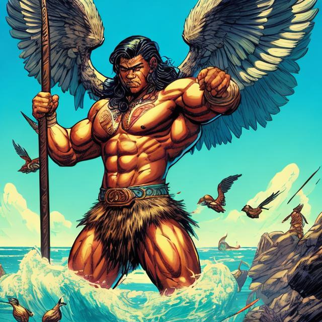 Prompt: Retro comic style artwork, highly detailed muscular Polynesian man with large wings, and tattoos, holding a long spear,standing on an island in the ocean, surrounded by birds, comic book cover, 

