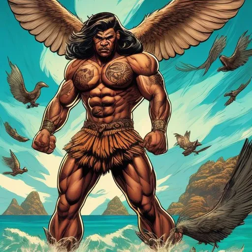 Prompt: Retro comic style artwork, highly detailed muscular Polynesian man with large wings, and tattoos, standing on an island in the ocean, surrounded by birds, comic book cover, 

